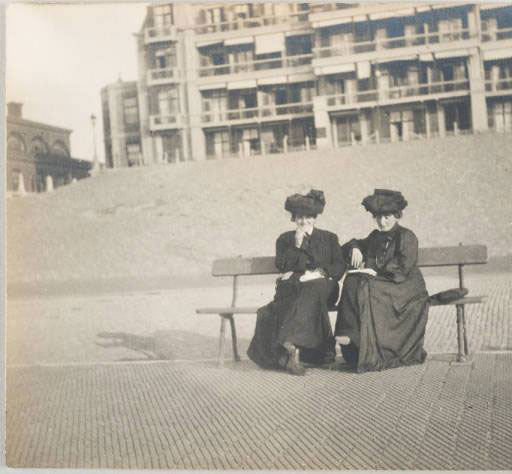 Etta Cone and Claribel Cone, seated on a bench at the beach in Scheveningen, Holland. The photograph was taken during their trip to Europe in the summer of 1903.