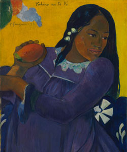 A woman holds a mango against a colorful background.