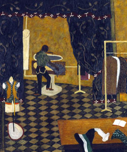 A colorful painting of a tailor shop.
